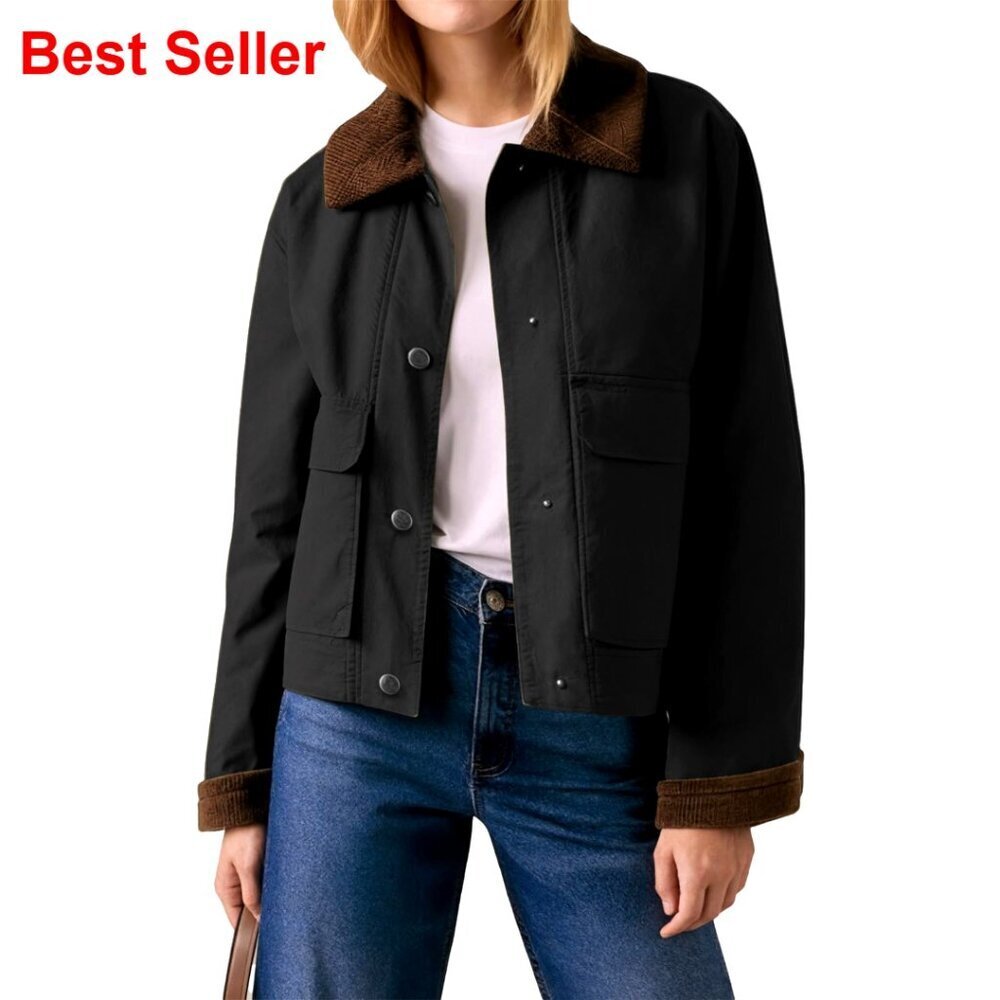 Lightweight Cotton Barn Jacket with Contrast Collar and Pockets